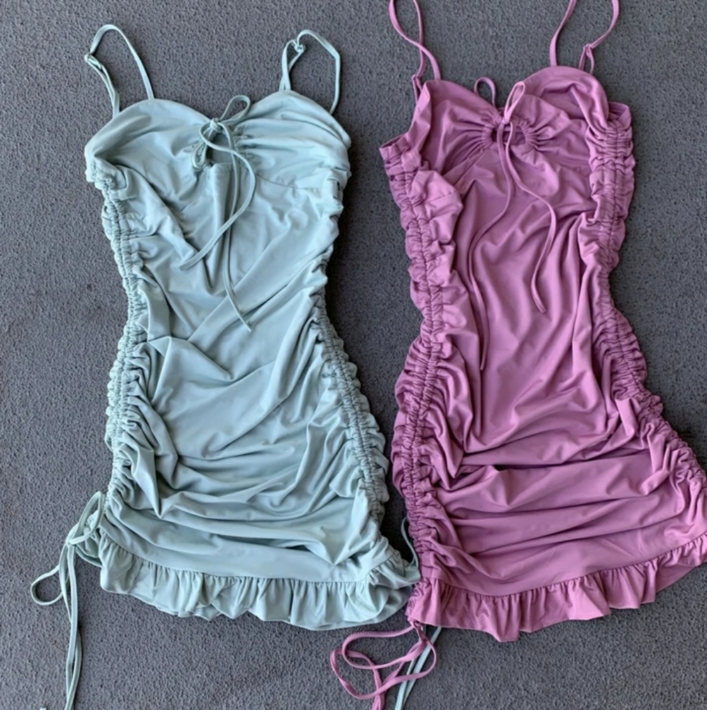 Sage Colored, Layered Scrunch Dress
